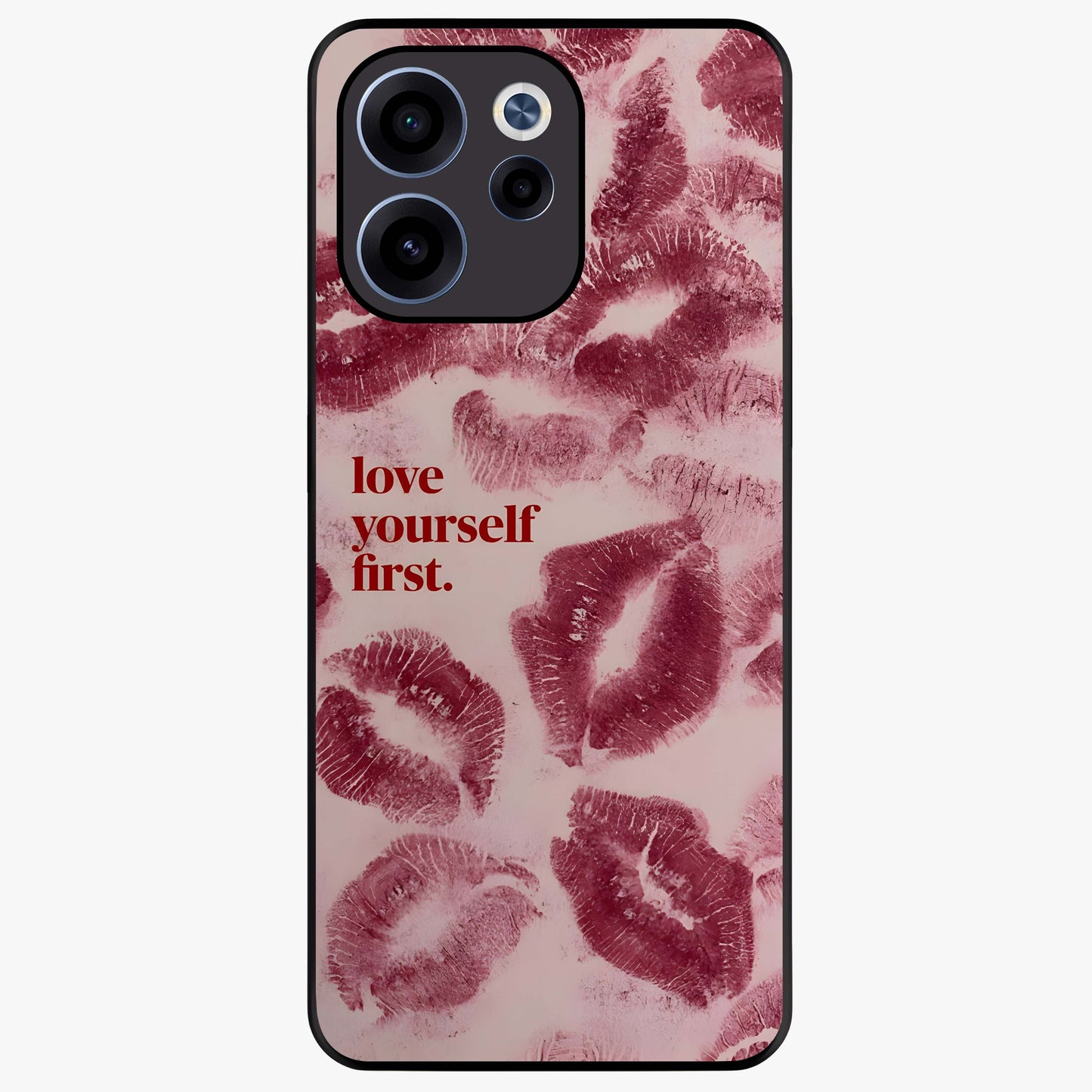 Crimson Kiss Love Glass Case showing flat back view with romantic crimson themed artwork and glossy glass finish.