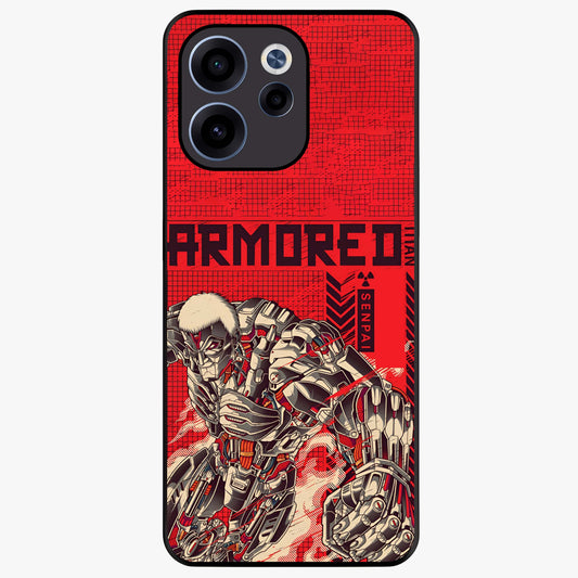 Crimson Mecha Titan Glass Case showing flat back view with powerful mech titan artwork and glossy glass finish.