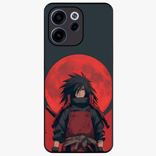Crimson Moon Warlord Glass Case showing flat back view with mystical moon warrior artwork and glossy glass finish.