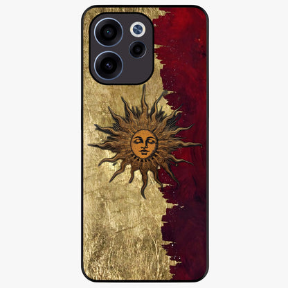 Crimson Sun Majesty Glass Case showing flat back view with radiant sun inspired artwork and glossy glass finish.