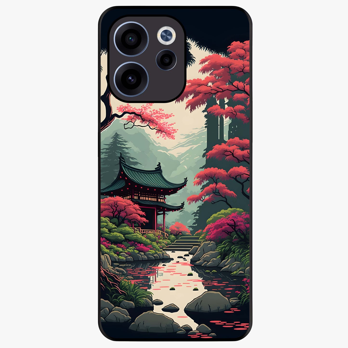 Crimson Temple View Glass Case showing flat back view with temple inspired artwork and glossy glass finish.