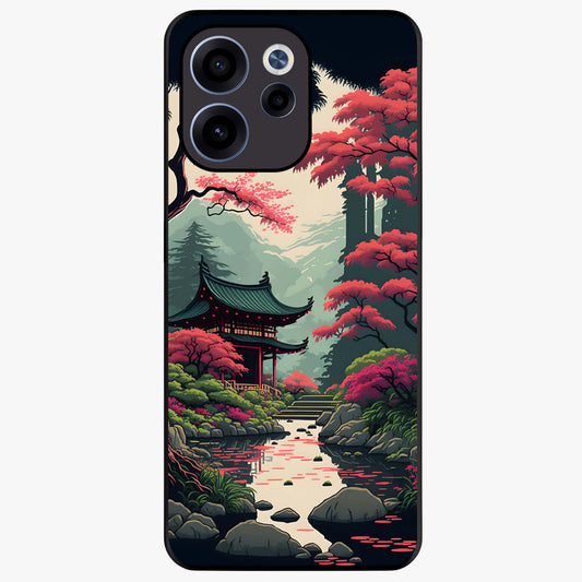 Crimson Temple View Glass Case showing flat back view with temple inspired artwork and glossy glass finish.