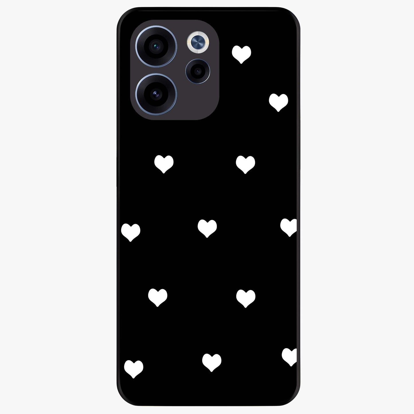 Cute And Simple White Hearts Glass Case showing flat back view with minimal white heart pattern and glossy glass finish.