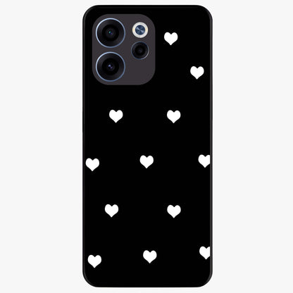 Cute And Simple White Hearts Glass Case showing flat back view with minimal white heart pattern and glossy glass finish.