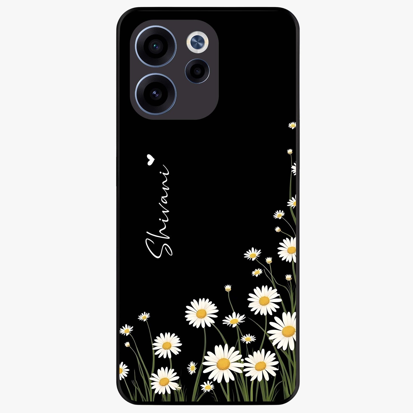 Daisy Cascade Custom Name Glass Case showing flat back view with cascading daisy flowers and personalized name design.