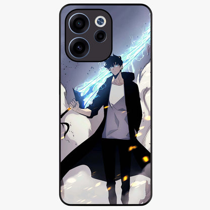 Dark Lightning Anime Warrior Glass Case showing flat back view with intense anime warrior artwork and glossy glass finish.