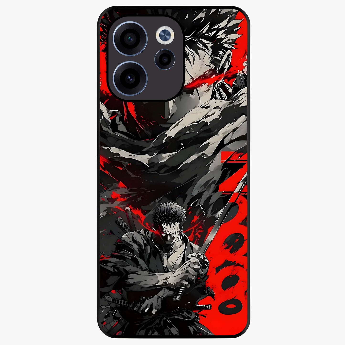 Demon Sword Resolve Glass Case showing flat back view with fierce sword warrior artwork and glossy glass finish.