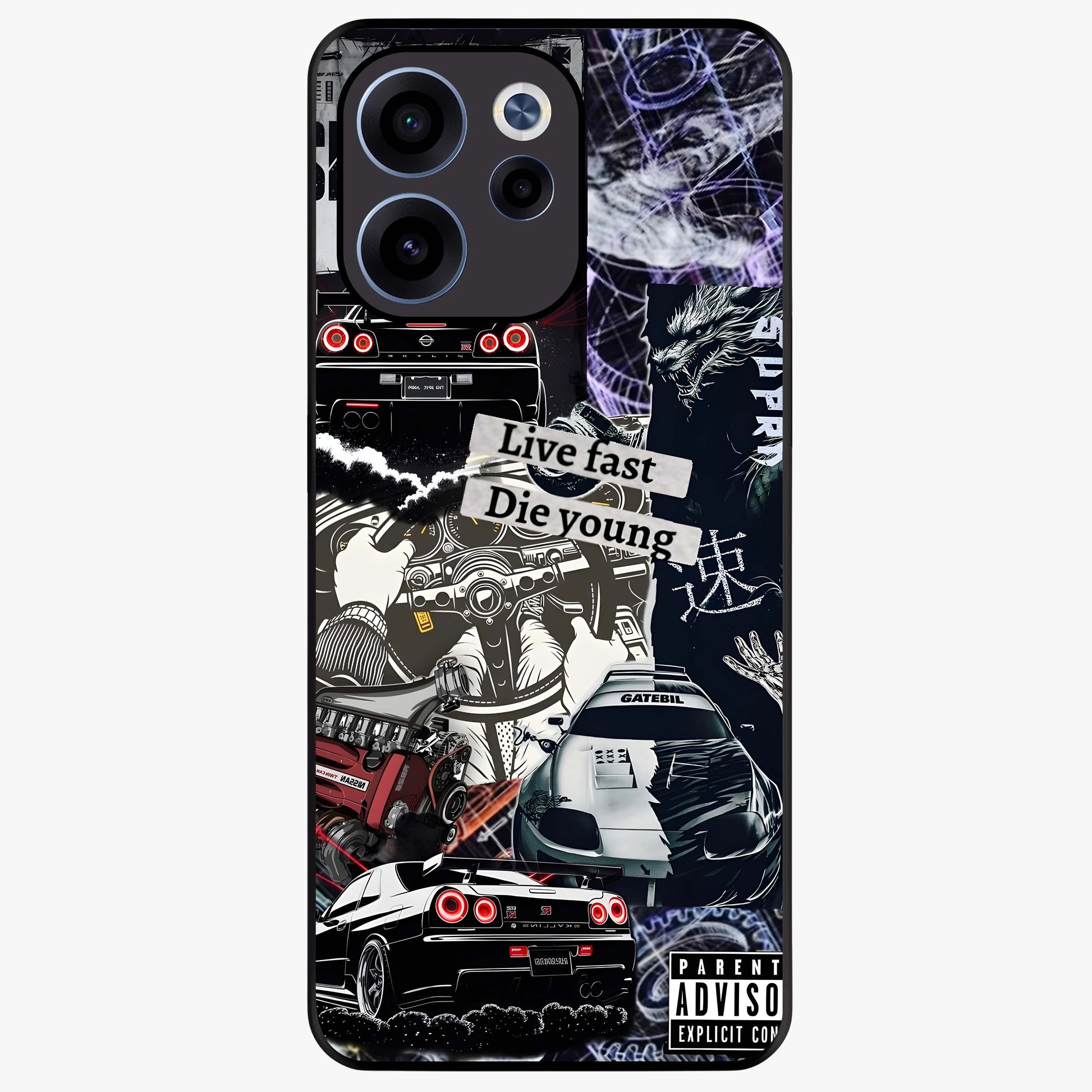 Die Young Glass Case showing flat back view with bold artistic typography design and glossy glass finish.