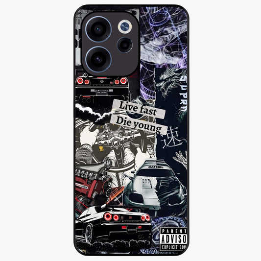 Die Young Glass Case showing flat back view with bold artistic typography design and glossy glass finish.