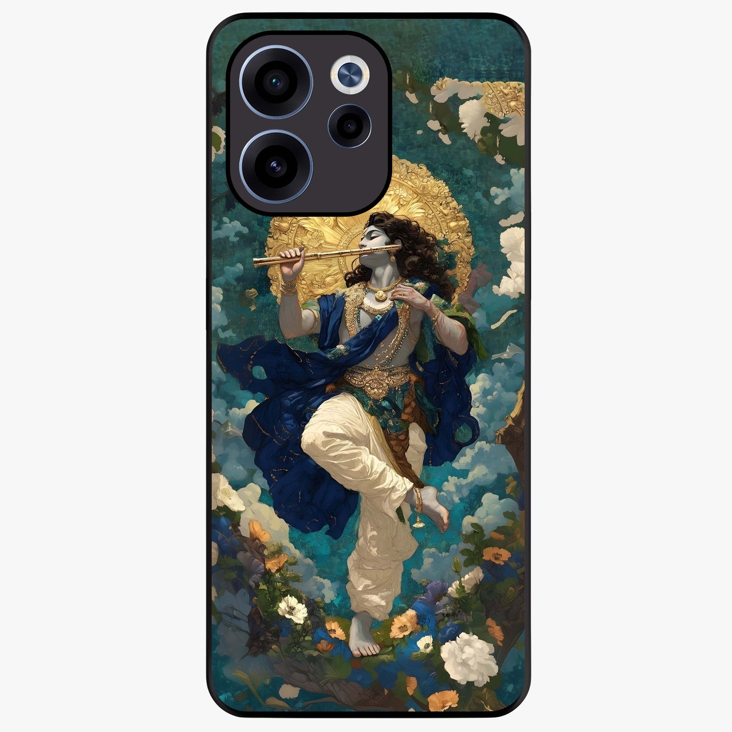 Divine Krishna Art Glass Case showing flat back view with Lord Krishna artwork and glossy glass finish.