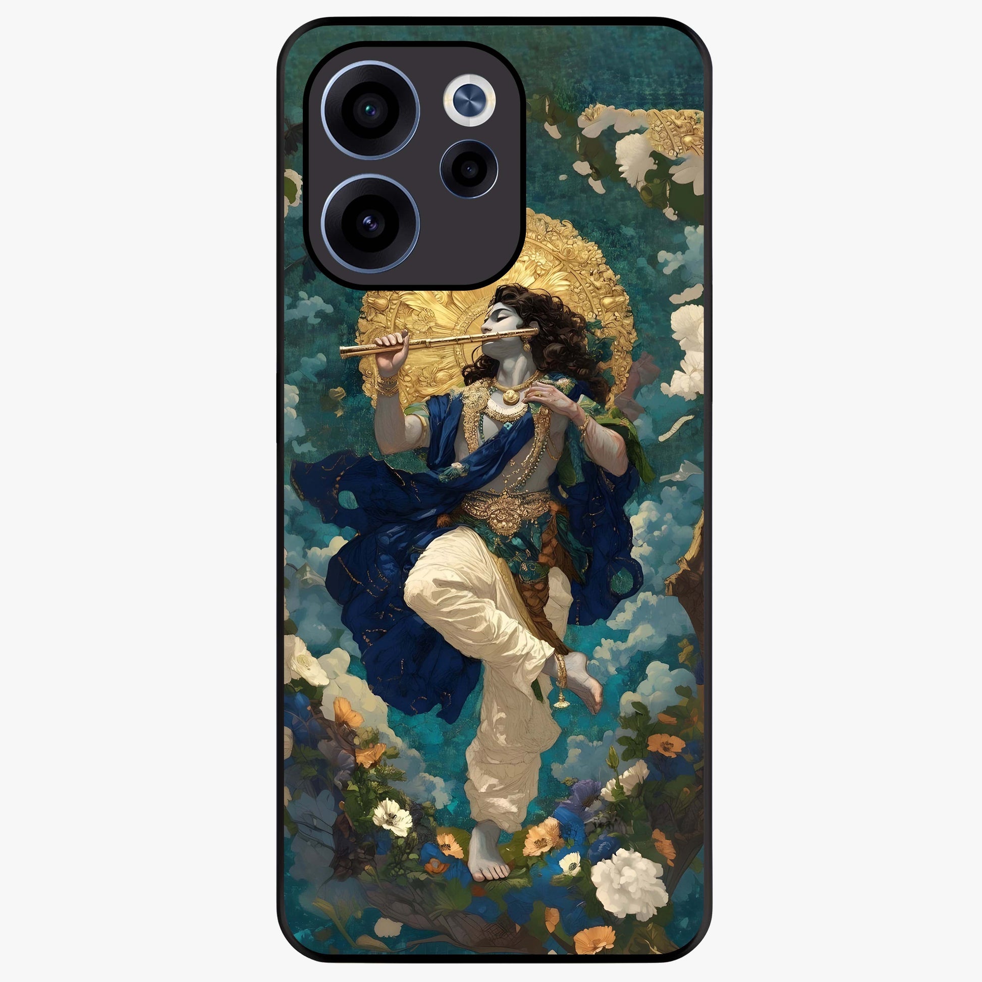 Divine Krishna Art Glass Case showing flat back view with Lord Krishna artwork and glossy glass finish.