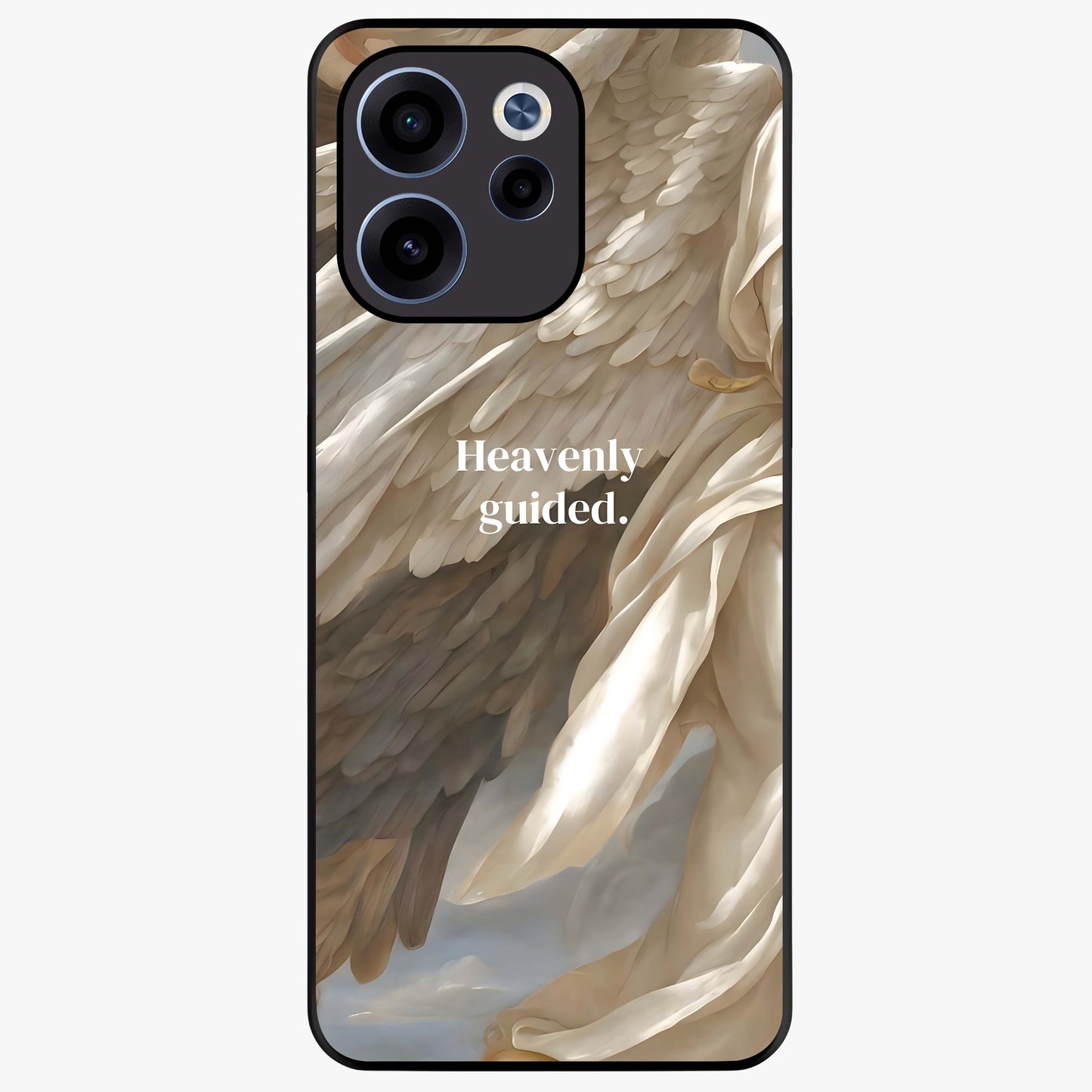 Divine Winged Grace Glass Case showing flat back view with elegant wing inspired artwork and glossy glass finish.
