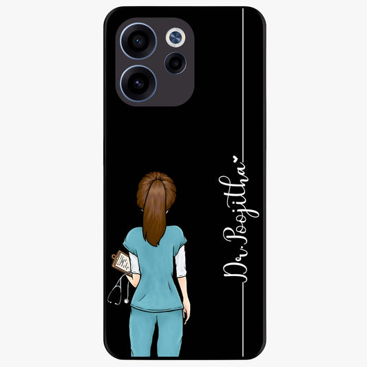 Doctor Pattern Custom Name Glass Case showing flat back view with medical themed pattern and personalized name design.