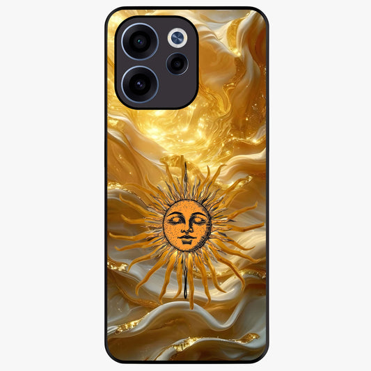 Eternal Golden Glow Glass Case showing flat back view with radiant golden themed artwork and glossy glass finish.