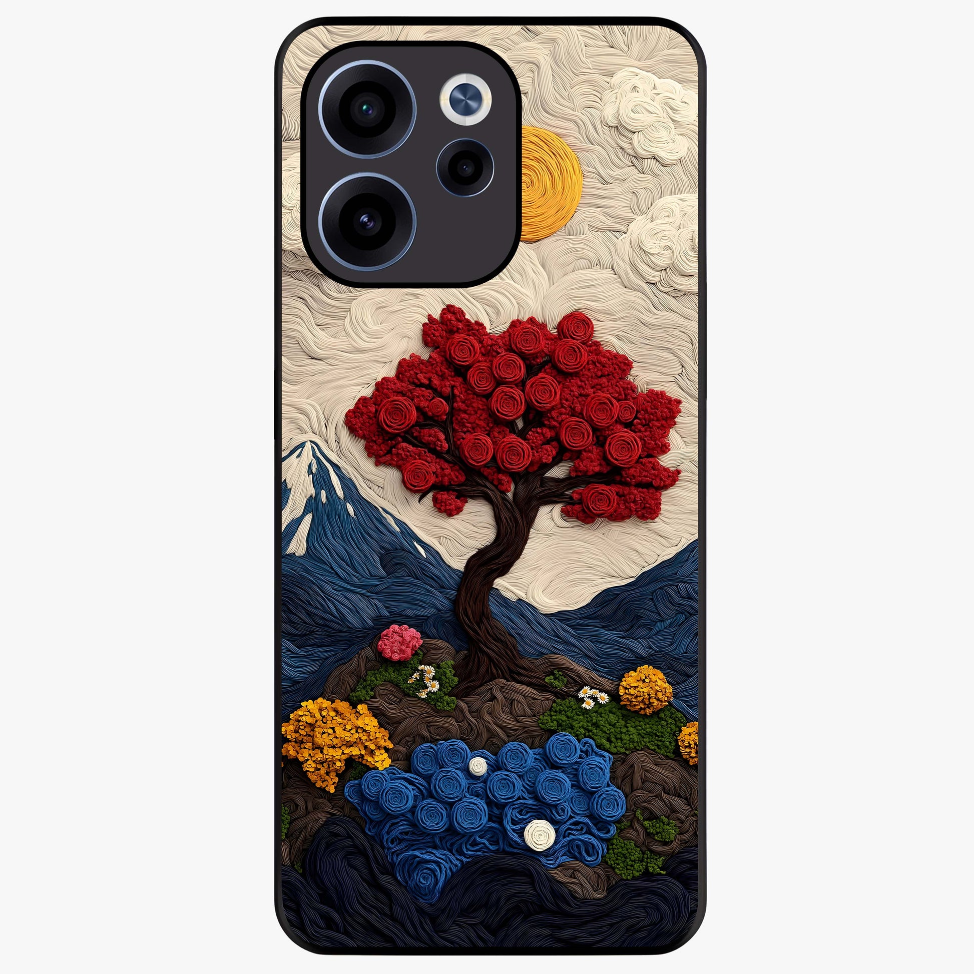 Eternal Nature Tapestry Glass Case showing flat back view with intricate nature tapestry artwork and glossy glass finish.