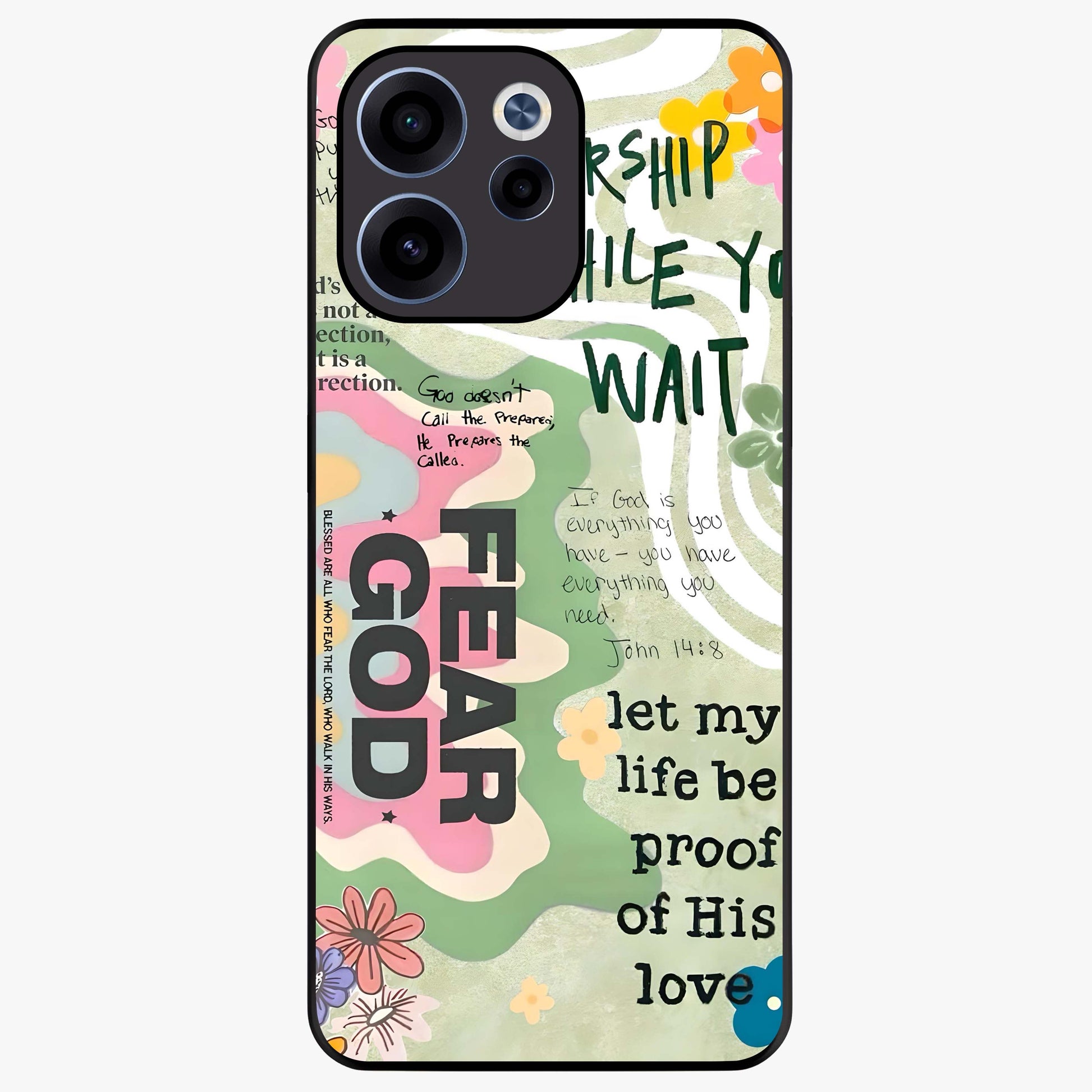 Faith Over Fear Glass Case showing flat back view with motivational typography artwork and glossy glass finish.