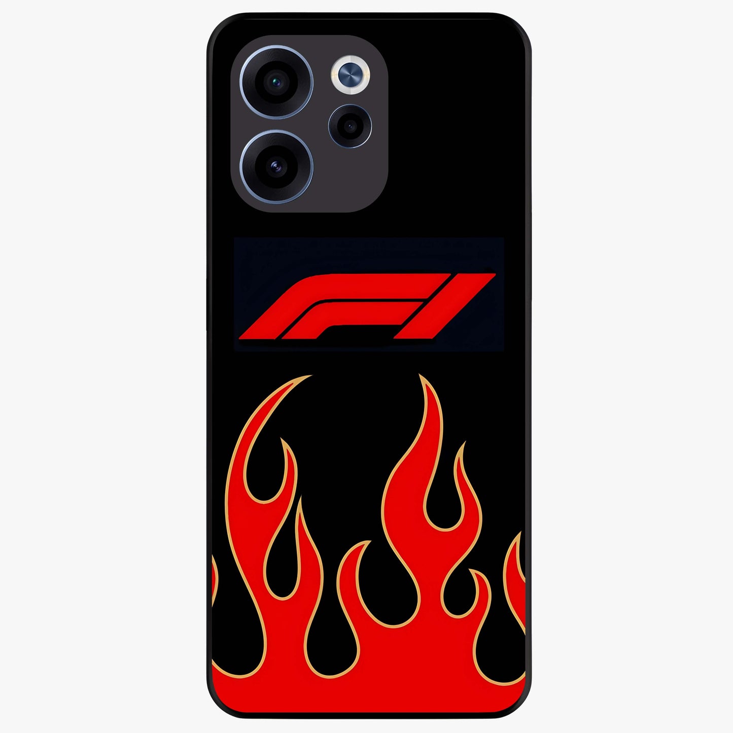 Fire F11 Glass Case showing flat back view with fiery themed artwork and glossy glass finish.