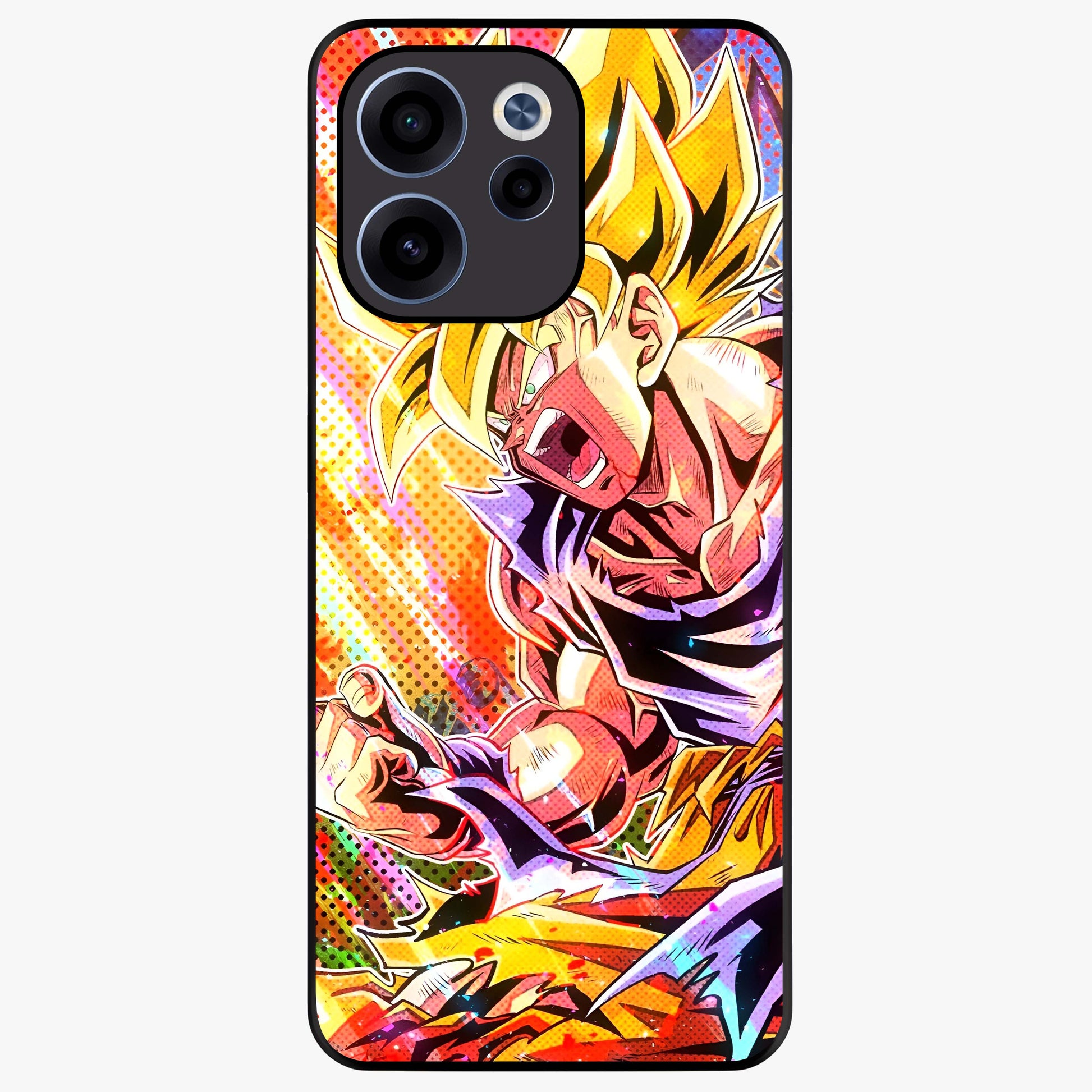 Firing Goku Glass Case showing flat back view with powerful anime inspired artwork and glossy glass finish.