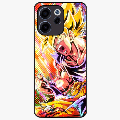 Firing Goku Glass Case showing flat back view with powerful anime inspired artwork and glossy glass finish.