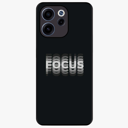 Focus Mode On Glass Case showing flat back view with bold motivational typography design and glossy glass finish.