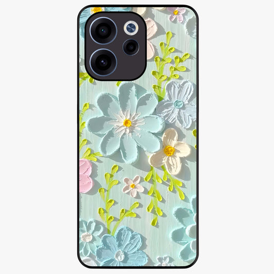 Frosted Petal Garden Glass Case showing flat back view with soft frosted floral artwork and glossy glass finish.