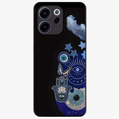 Galactic Charm Cluster Glass Case showing flat back view with glowing celestial charm artwork and glossy glass finish.