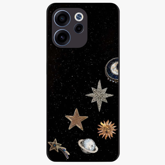 Galactic Charm Glow Glass Case showing flat back view with glowing celestial charm artwork and glossy glass finish.