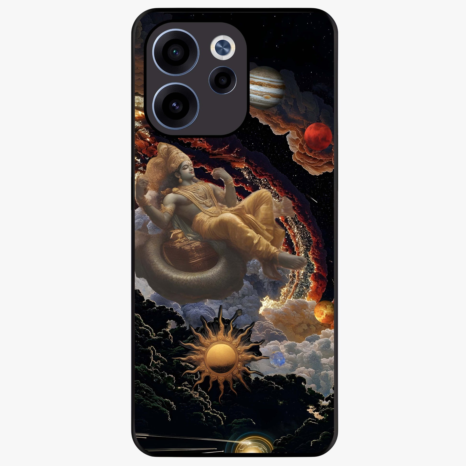 Galactic Divine God Glass Case showing flat back view with divine cosmic themed artwork and glossy glass finish.