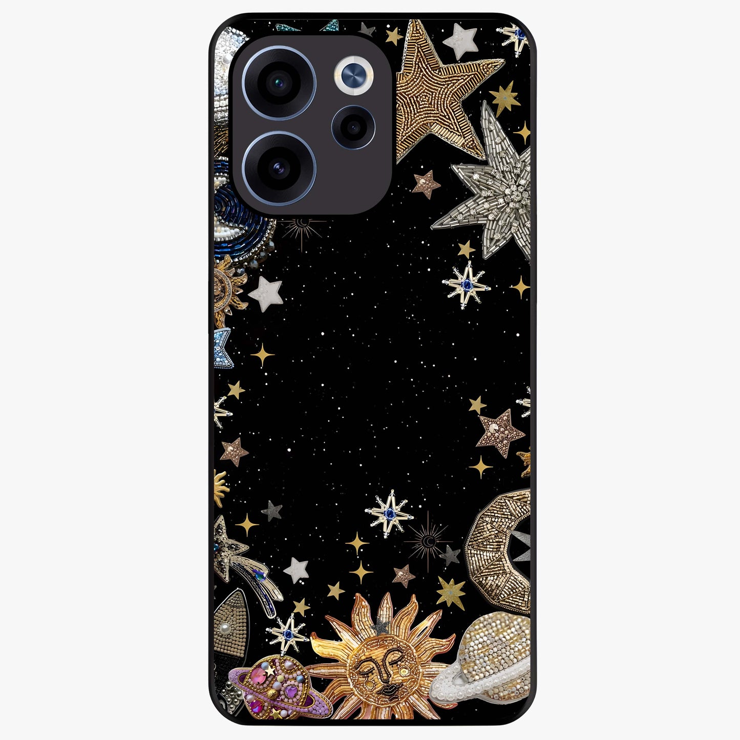 Galactic Jewel Stars Glass Case showing flat back view with sparkling star jewel artwork and glossy glass finish.