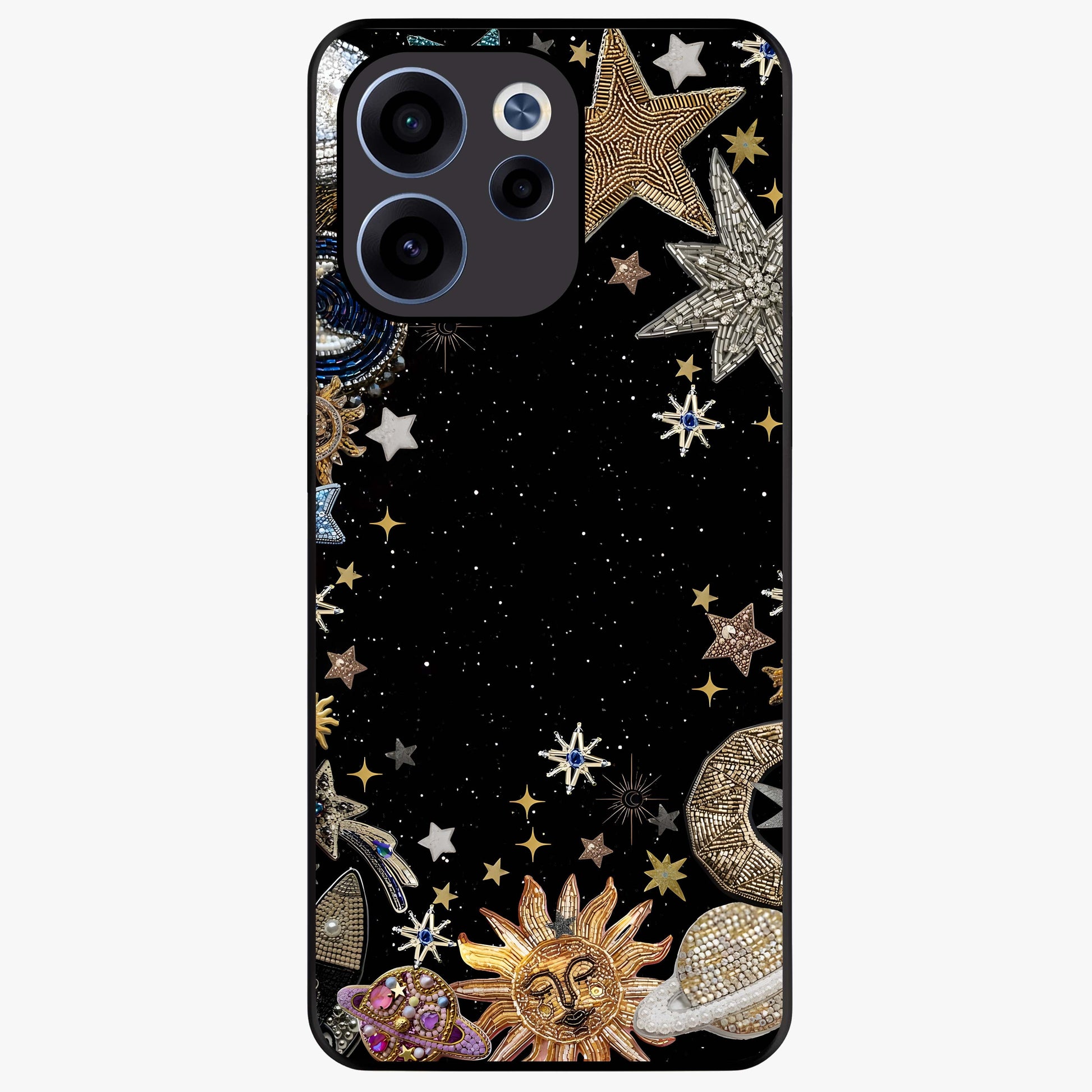 Galactic Jewel Stars Glass Case showing flat back view with sparkling star jewel artwork and glossy glass finish.