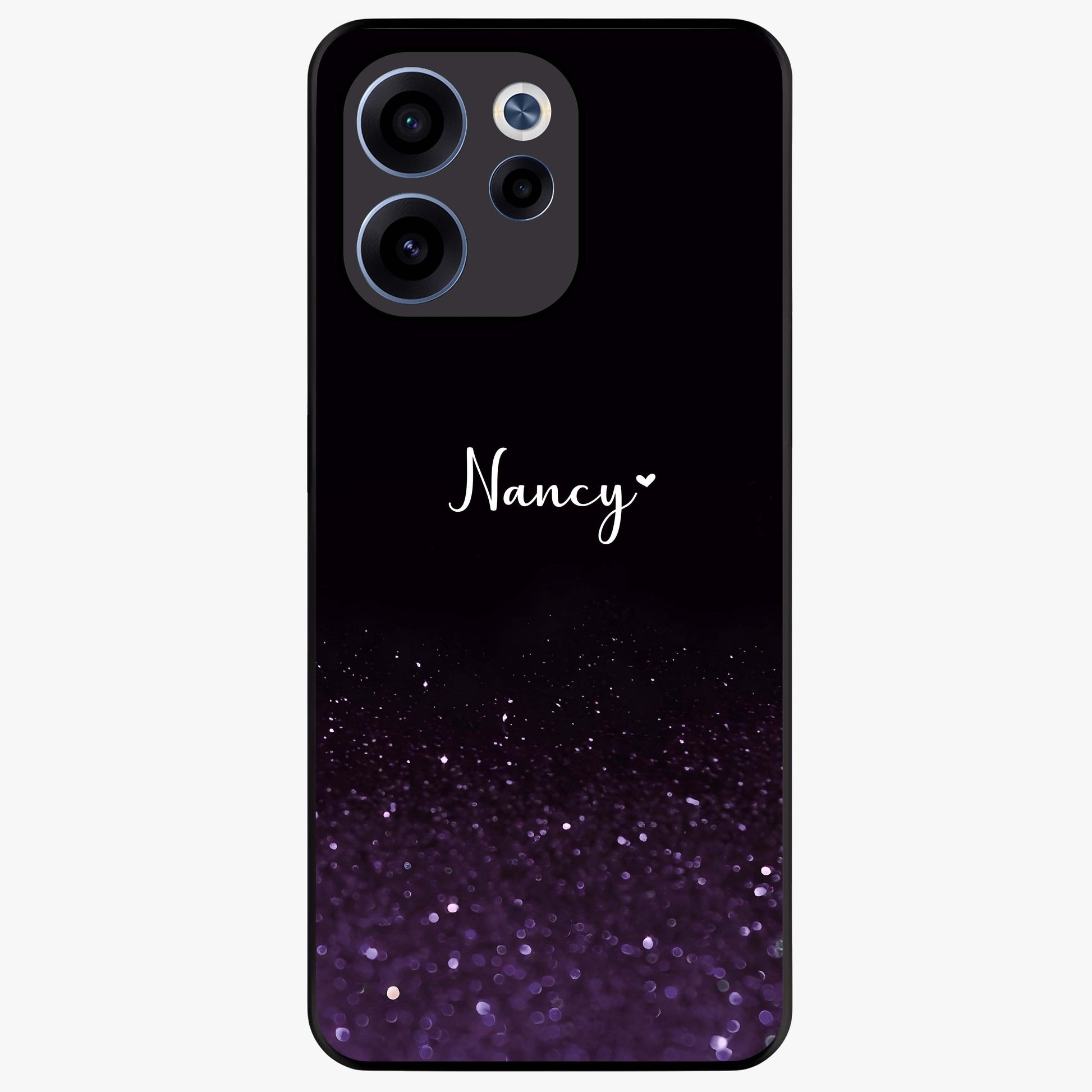 Glittery Purple Bokeh Custom Name Glass Case showing flat back view with purple bokeh sparkle artwork and personalized name design.