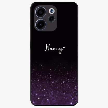 Glittery Purple Bokeh Custom Name Glass Case showing flat back view with purple bokeh sparkle artwork and personalized name design.