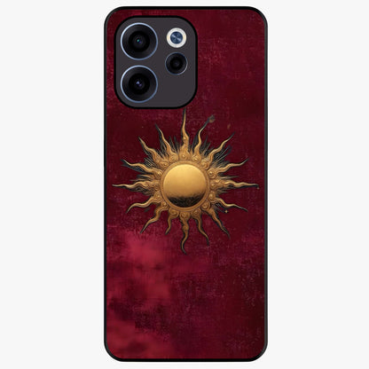 Gold Sun Blush Glass Case showing flat back view with golden sun inspired artwork and glossy glass finish.