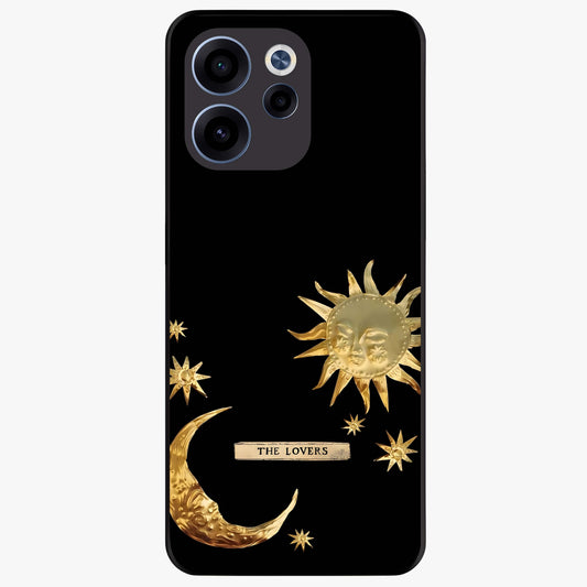Golden Celestial Charm Glass Case showing flat back view with golden celestial charm artwork and glossy glass finish.