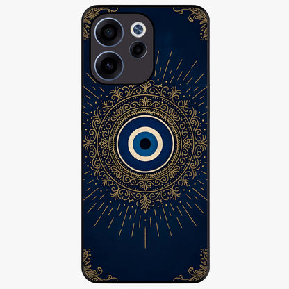 Golden Evil Eye Mandala Glass Case showing flat back view with intricate evil eye mandala artwork and glossy glass finish.