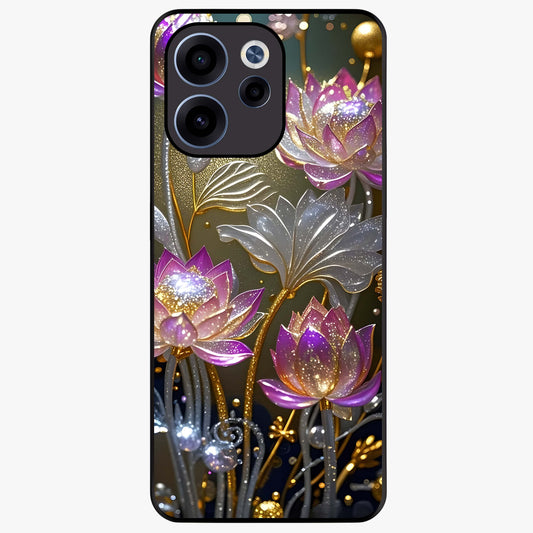 Golden Lotus Glow Glass Case showing flat back view with glowing lotus flower artwork and glossy glass finish.