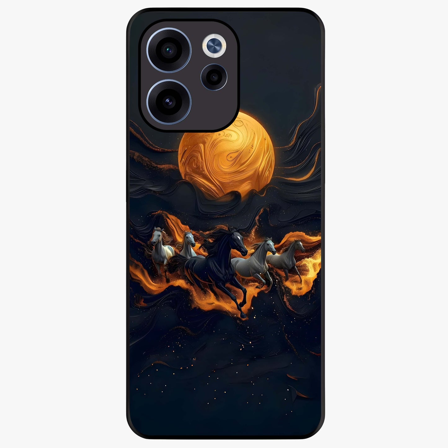 Golden Stallion Moonride Glass Case showing flat back view with majestic horse under moonlight artwork and glossy glass finish.