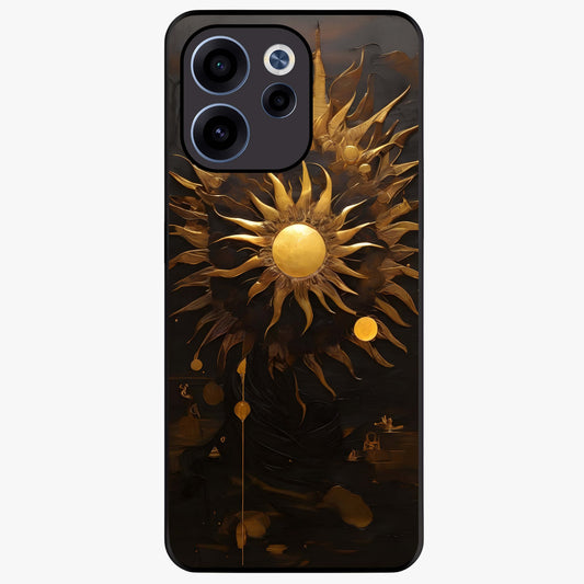 Golden Sun Majesty Glass Case showing flat back view with radiant golden sun artwork and glossy glass finish.