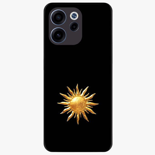 Golden Sun Minimalism Glass Case showing flat back view with minimal golden sun artwork and glossy glass finish.