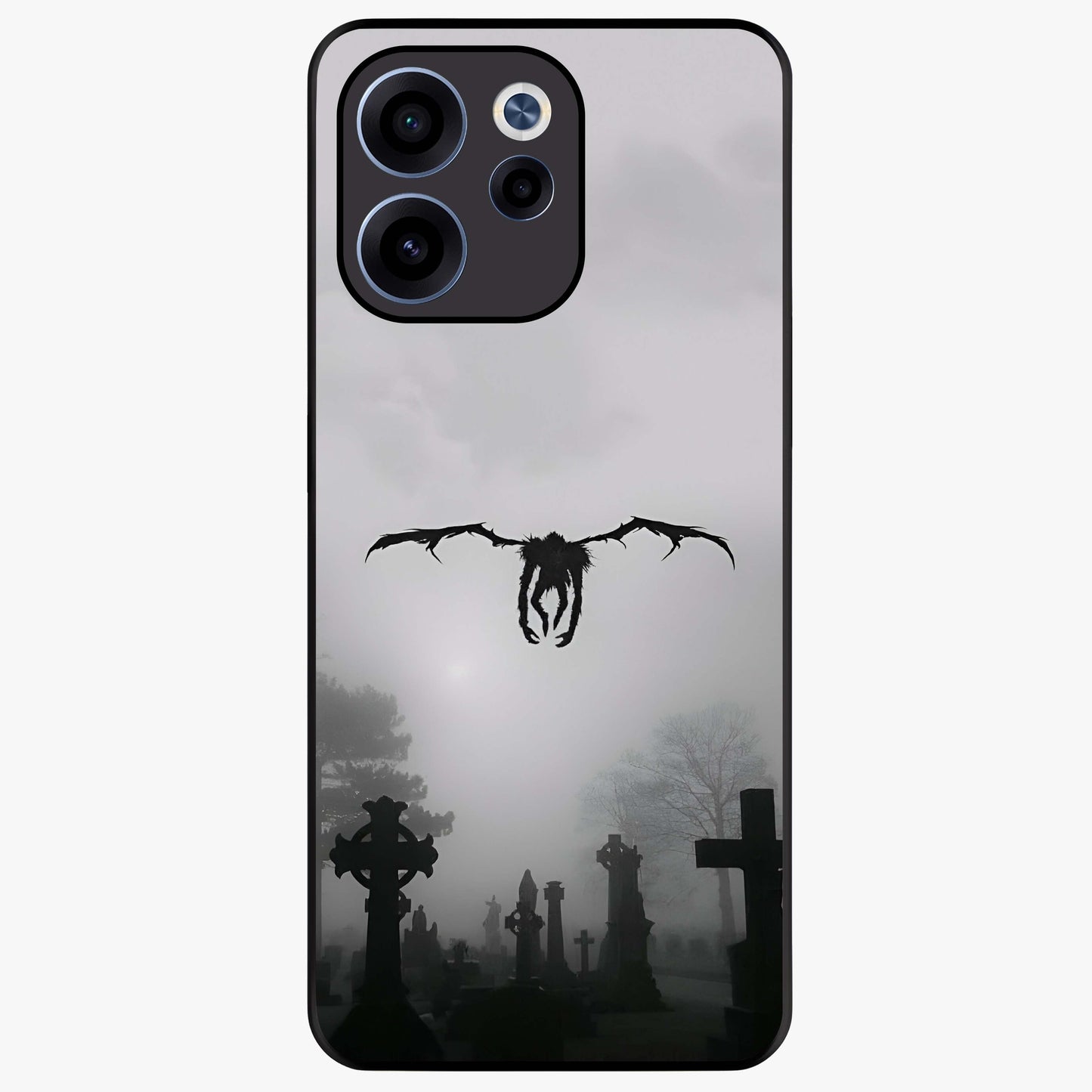 Graveyard Shadow Descent Glass Case showing flat back view with dark graveyard themed artwork and glossy glass finish.