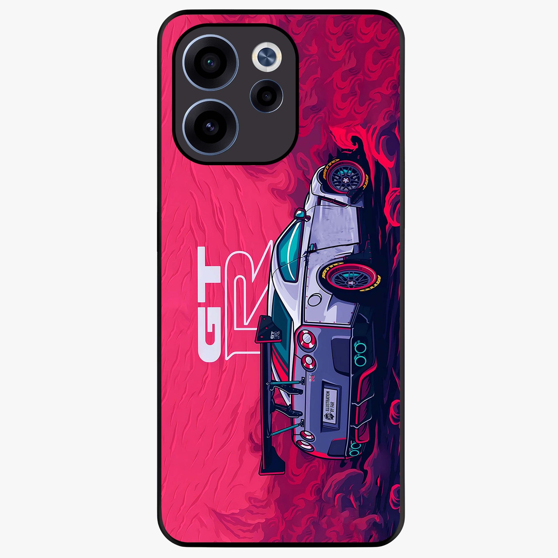GT-R Car Pattern Glass Case showing flat back view with sporty car inspired pattern artwork and glossy glass finish.