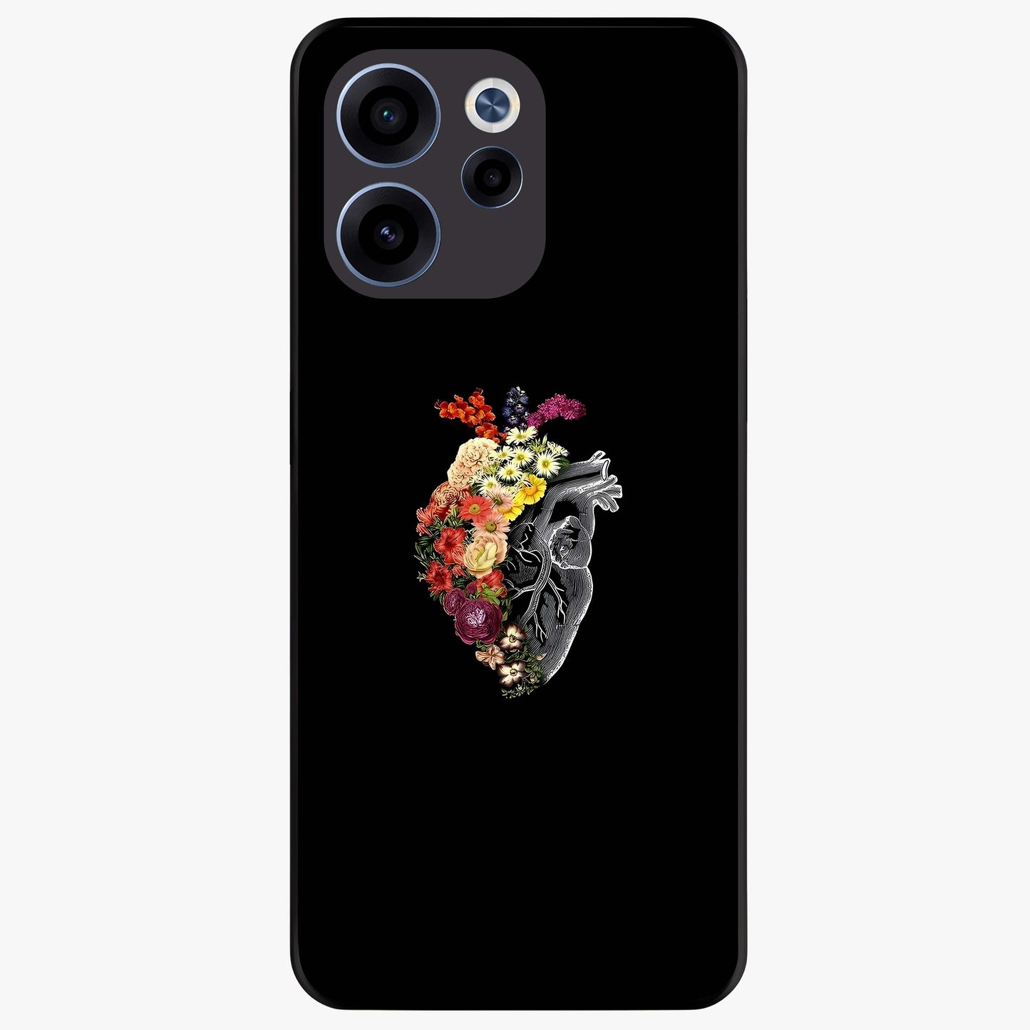 Heart With Flowers Glass Case showing flat back view with heart shaped floral artwork and glossy glass finish.