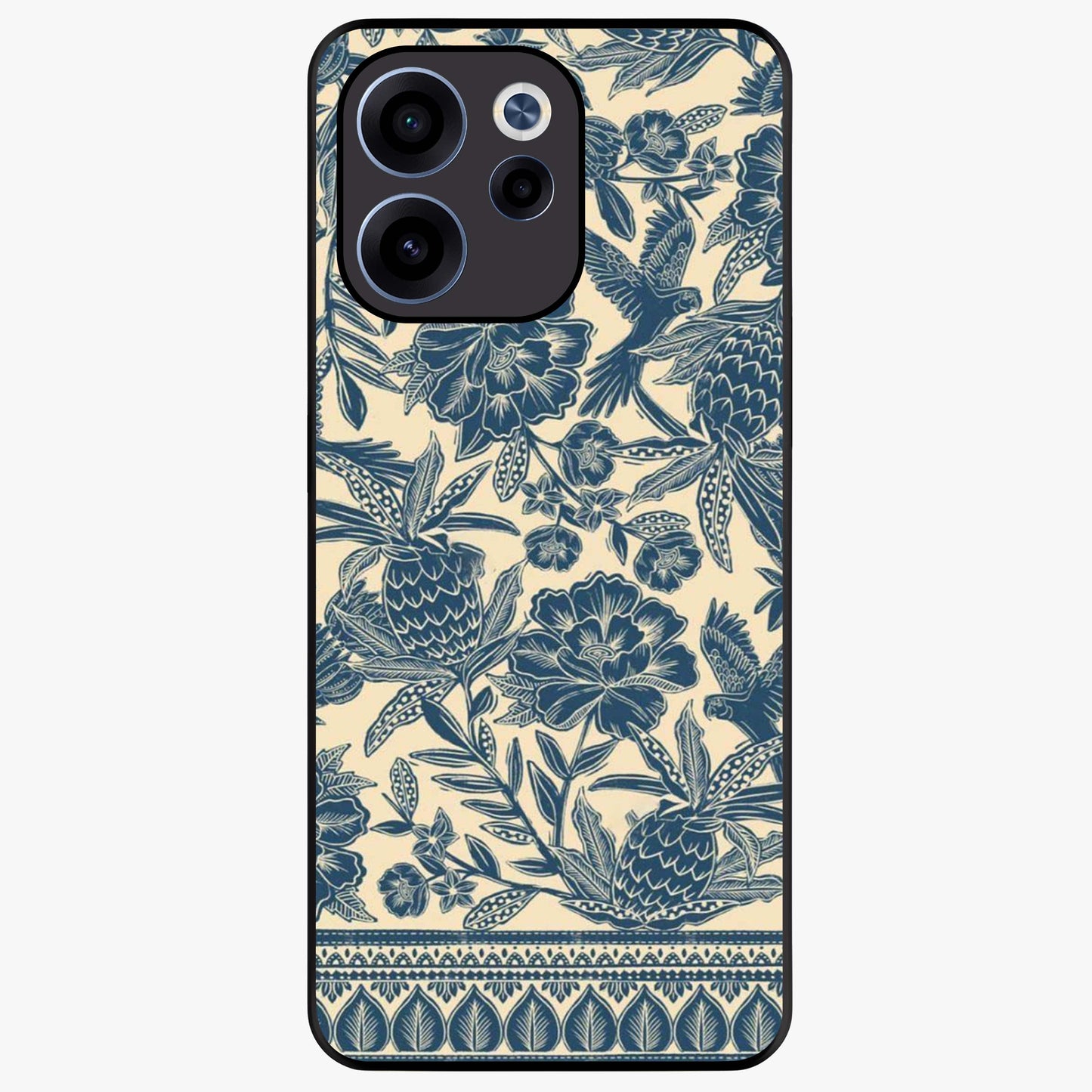 Heirloom Wild Bloom Glass Case showing flat back view with vintage inspired wild flower artwork and glossy glass finish.