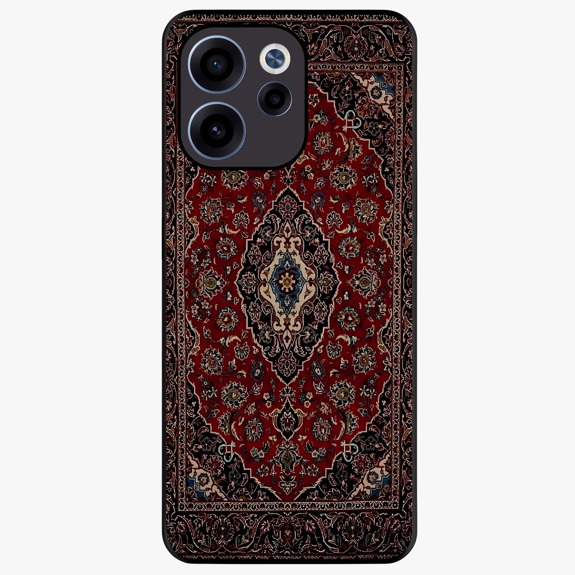 Heritage Carpet Royale Glass Case showing flat back view with ornate Persian carpet inspired pattern and glossy glass finish.