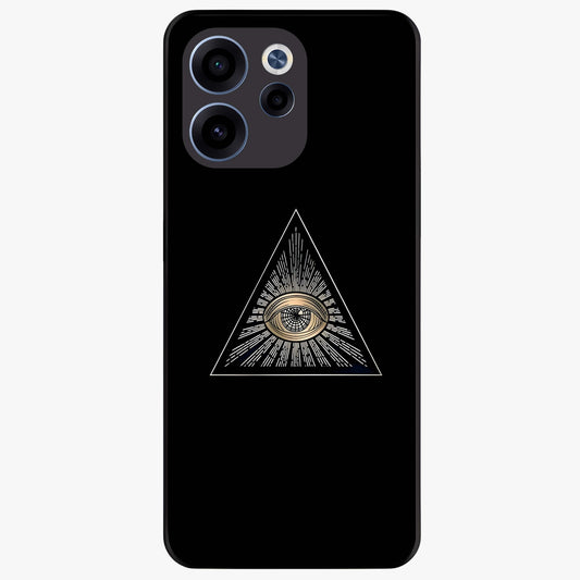 Illuminati Evil Glass Case showing flat back view with mysterious illuminati symbol artwork and glossy glass finish.