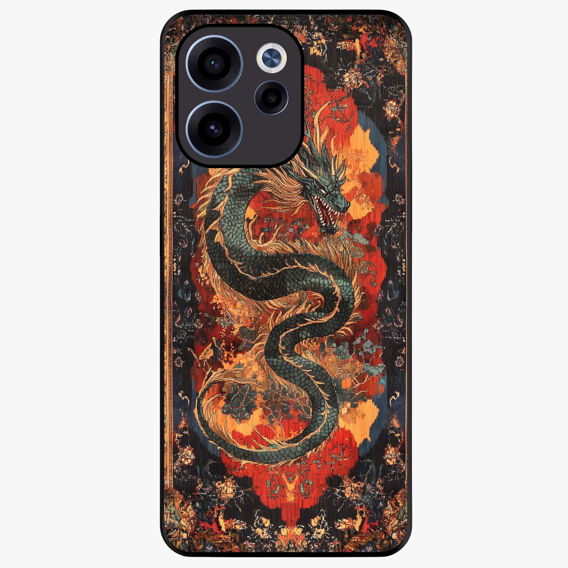 Inferno Dragon Soul Glass Case showing flat back view with fiery dragon artwork and glossy glass finish.