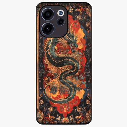 Inferno Dragon Soul Glass Case showing flat back view with fiery dragon artwork and glossy glass finish.