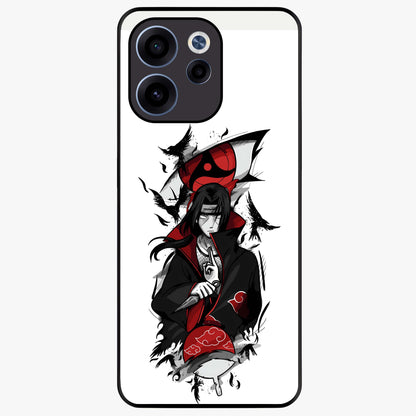 Itachi Sharingan Glass Case showing flat back view with powerful anime eye artwork and glossy glass finish.