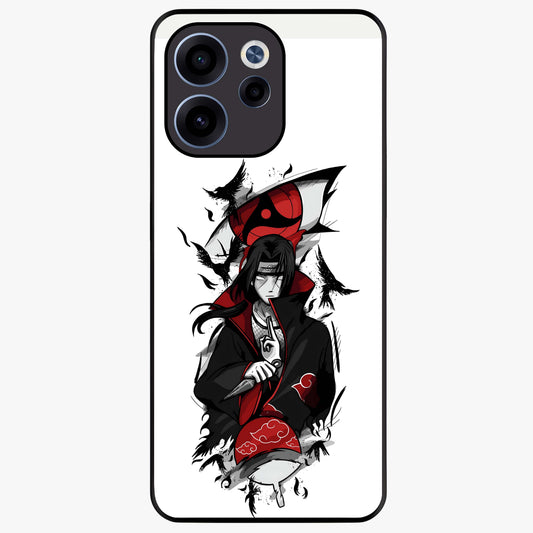 Itachi Sharingan Glass Case showing flat back view with powerful anime eye artwork and glossy glass finish.
