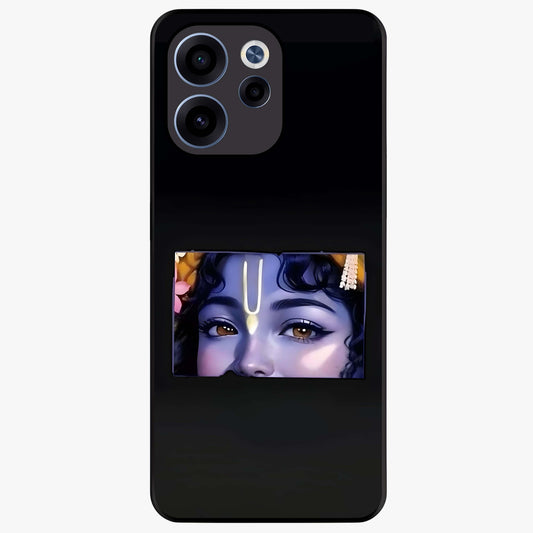 Krishna Divine Embrace Glass Case showing flat back view with Lord Krishna devotional artwork and glossy glass finish.